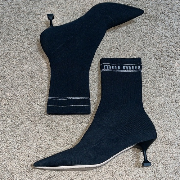Miu Miu Black Sock Boots Pointed Toe Bootie Black Nero Cromo 37 / 7 - Picture 4 of 13